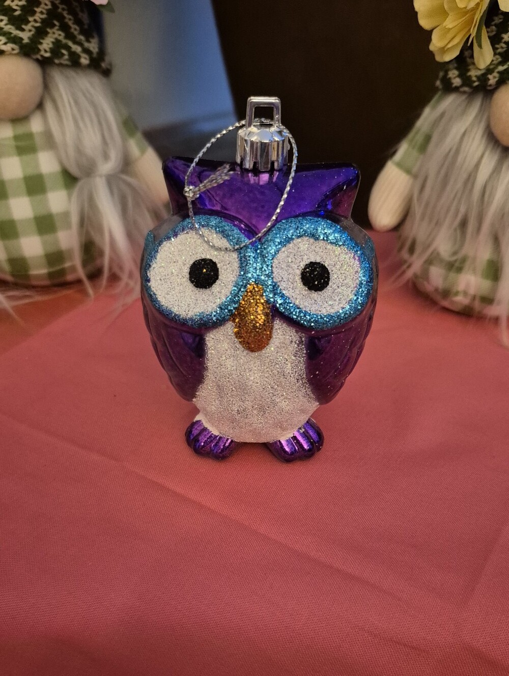 Purple Glitter Owl Ornament with Blue Eyes